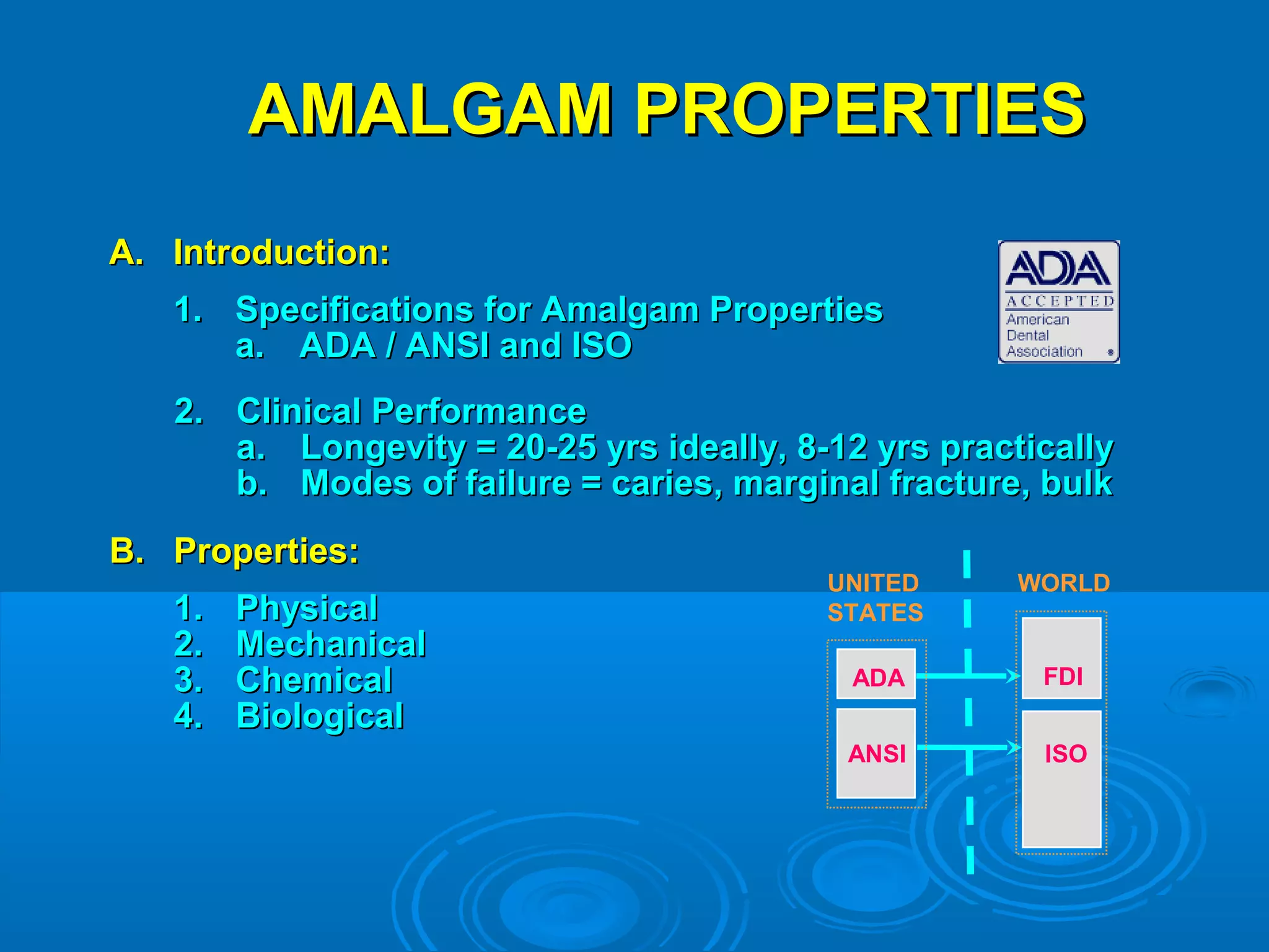 AAMMAALLGGAAMM PPRROOPPEERRTTIIEESS 
AA.. IInnttrroodduuccttiioonn:: 
11.. SSppeecciiffiiccaattiioonnss ffoorr AAmmaallggaamm PPrrooppeerrttiieess 
aa.. AADDAA // AANNSSII aanndd IISSOO 
22.. CClliinniiccaall PPeerrffoorrmmaannccee 
aa.. LLoonnggeevviittyy == 2200--2255 yyrrss iiddeeaallllyy,, 8--1122 yyrrss pprraaccttiiccaallllyy 
bb.. MMooddeess ooff ffaaiilluurree == ccaarriieess,, mmaarrggiinnaall ffrraaccttuurree,, bbuullkk 
UNITED 
STATES 
WORLD 
ADA FDI 
ANSI ISO 
BB.. PPrrooppeerrttiieess:: 
11.. PPhhyyssiiccaall 
22.. MMeecchhaanniiccaall 
33.. CChheemmiiccaall 
44.. BBiioollooggiiccaall 
 