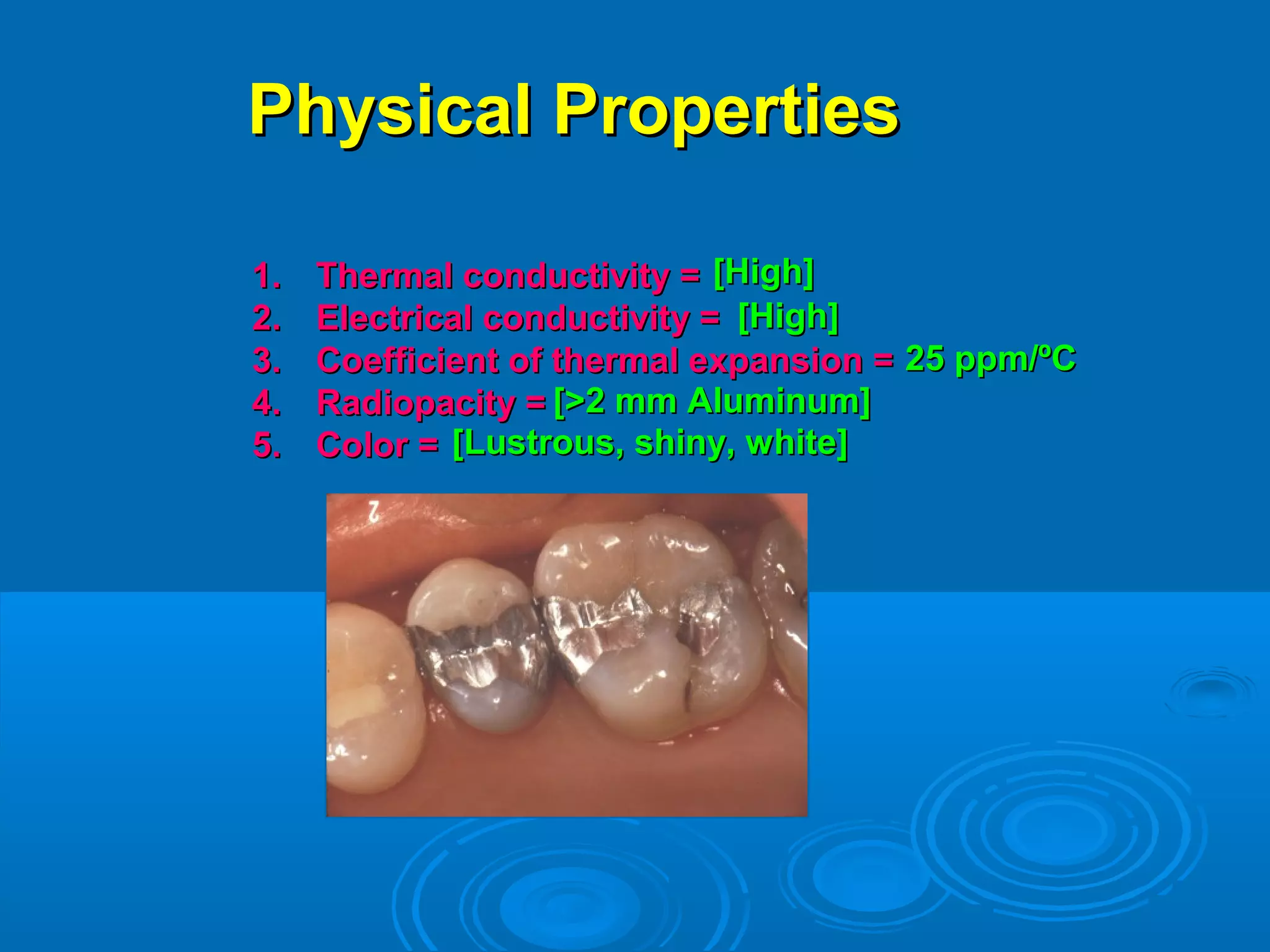 PPhhyyssiiccaall PPrrooppeerrttiieess 
[[HHiigghh]] 
11.. TThheerrmmaall ccoonndduuccttiivviittyy == 
22.. EElleeccttrriiccaall ccoonndduuccttiivviittyy == 
33.. CCooeeffffiicciieenntt ooff tthheerrmmaall eexxppaannssiioonn == 
44.. RRaaddiiooppaacciittyy == 
[[>>22 mmmm AAlluummiinnuumm]] 
55.. CCoolloorr == 
[[LLuussttrroouuss,, sshhiinnyy,, wwhhiittee]] 
2255 ppppmm//ºCC 
[[HHiigghh]] 
 