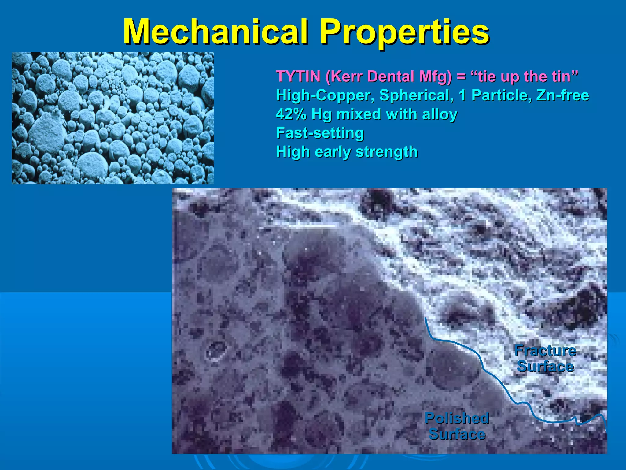 MMeecchhaanniiccaall PPrrooppeerrttiieess 
TTYYTTIINN ((KKeerrrr DDeennttaall MMffgg)) == ““ttiiee uupp tthhee ttiinn”” 
HHiigghh--CCooppppeerr,, SSpphheerriiccaall,, 11 PPaarrttiiccllee,, ZZnn--ffrreeee 
4422%% HHgg mmiixxeedd wwiitthh aallllooyy 
FFaasstt--sseettttiinngg 
HHiigghh eeaarrllyy ssttrreennggtthh 
PPoolliisshheedd 
SSuurrffaaccee 
FFrraaccttuurree 
SSuurrffaaccee 
 