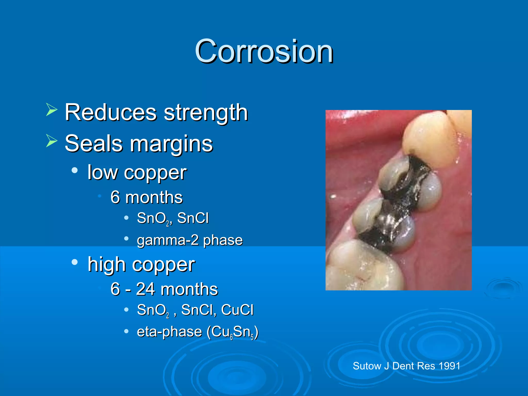 CCoorrrroossiioonn 
 RReedduucceess ssttrreennggtthh 
 SSeeaallss mmaarrggiinnss 
 llooww ccooppppeerr 
• 66 mmoonntthhss 
 SSnnOO22,, SSnnCCll 
 ggaammmmaa--22 pphhaassee 
 hhiigghh ccooppppeerr 
• 66 -- 2244 mmoonntthhss 
 SSnnOO22 ,, SSnnCCll,, CCuuCCll 
 eettaa--pphhaassee ((CCuu66SSnn5)) 
Sutow J Dent Res 1991 
 