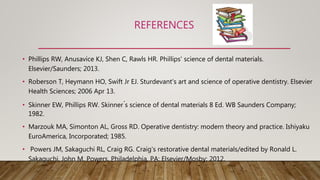 REFERENCES
• Phillips RW, Anusavice KJ, Shen C, Rawls HR. Phillips' science of dental materials.
Elsevier/Saunders; 2013.
• Roberson T, Heymann HO, Swift Jr EJ. Sturdevant's art and science of operative dentistry. Elsevier
Health Sciences; 2006 Apr 13.
• Skinner EW, Phillips RW. Skinner ́s science of dental materials 8 Ed. WB Saunders Company;
1982.
• Marzouk MA, Simonton AL, Gross RD. Operative dentistry: modern theory and practice. Ishiyaku
EuroAmerica, Incorporated; 1985.
• Powers JM, Sakaguchi RL, Craig RG. Craig's restorative dental materials/edited by Ronald L.
Sakaguchi, John M. Powers. Philadelphia, PA: Elsevier/Mosby; 2012.
 