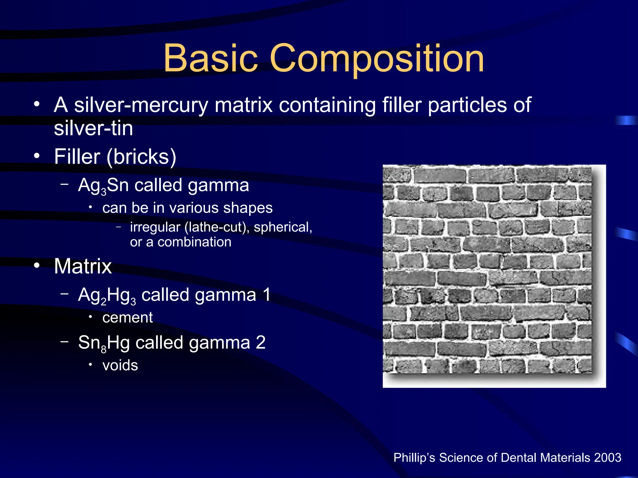 Basic Composition
• A silver-mercury matrix containing filler particles of
silver-tin
• Filler (bricks)
– Ag3Sn called gamma
• can be in various shapes
– irregular (lathe-cut), spherical,
or a combination
• Matrix
– Ag2Hg3 called gamma 1
• cement
– Sn8Hg called gamma 2
• voids
Phillip’s Science of Dental Materials 2003
 