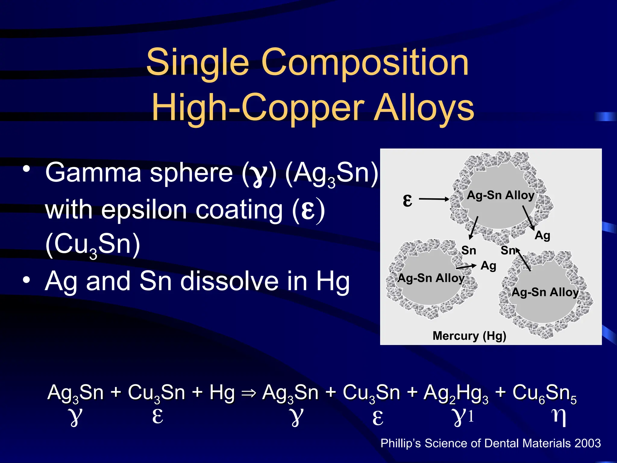 Single Composition
High-Copper Alloys
• Gamma sphere () (Ag3Sn)
with epsilon coating ()
(Cu3Sn)
• Ag and Sn dissolve in Hg
Ag-Sn Alloy
Ag-Sn Alloy
Ag-Sn Alloy
Mercury (Hg)

Ag
Sn
Ag
Sn
Ag
Ag3
3Sn + Cu
Sn + Cu3
3Sn + Hg
Sn + Hg 
 Ag
Ag3
3Sn + Cu
Sn + Cu3
3Sn + Ag
Sn + Ag2
2Hg
Hg3
3 + Cu
+ Cu6
6Sn
Sn5
5
Phillip’s Science of Dental Materials 2003
  1 
 
 