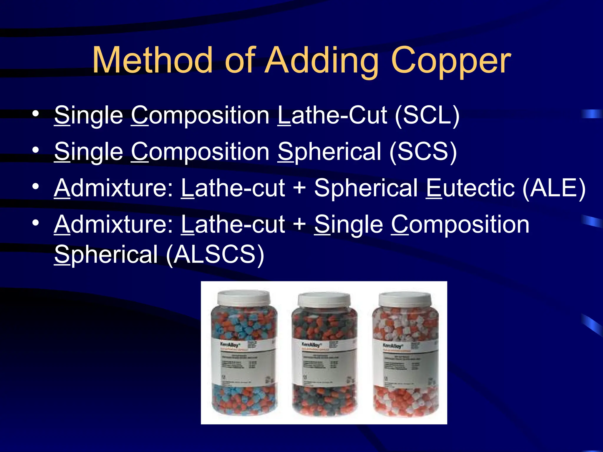 Method of Adding Copper
• Single Composition Lathe-Cut (SCL)
• Single Composition Spherical (SCS)
• Admixture: Lathe-cut + Spherical Eutectic (ALE)
• Admixture: Lathe-cut + Single Composition
Spherical (ALSCS)
 