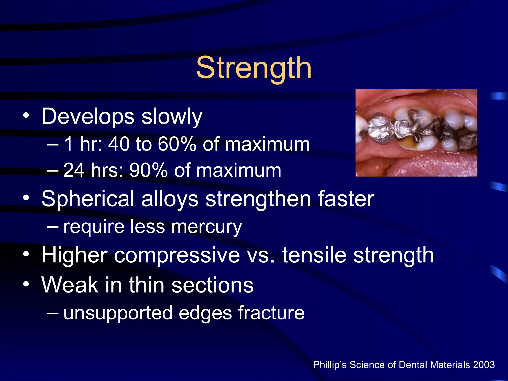 Strength
• Develops slowly
– 1 hr: 40 to 60% of maximum
– 24 hrs: 90% of maximum
• Spherical alloys strengthen faster
– require less mercury
• Higher compressive vs. tensile strength
• Weak in thin sections
– unsupported edges fracture
Phillip’s Science of Dental Materials 2003
 
