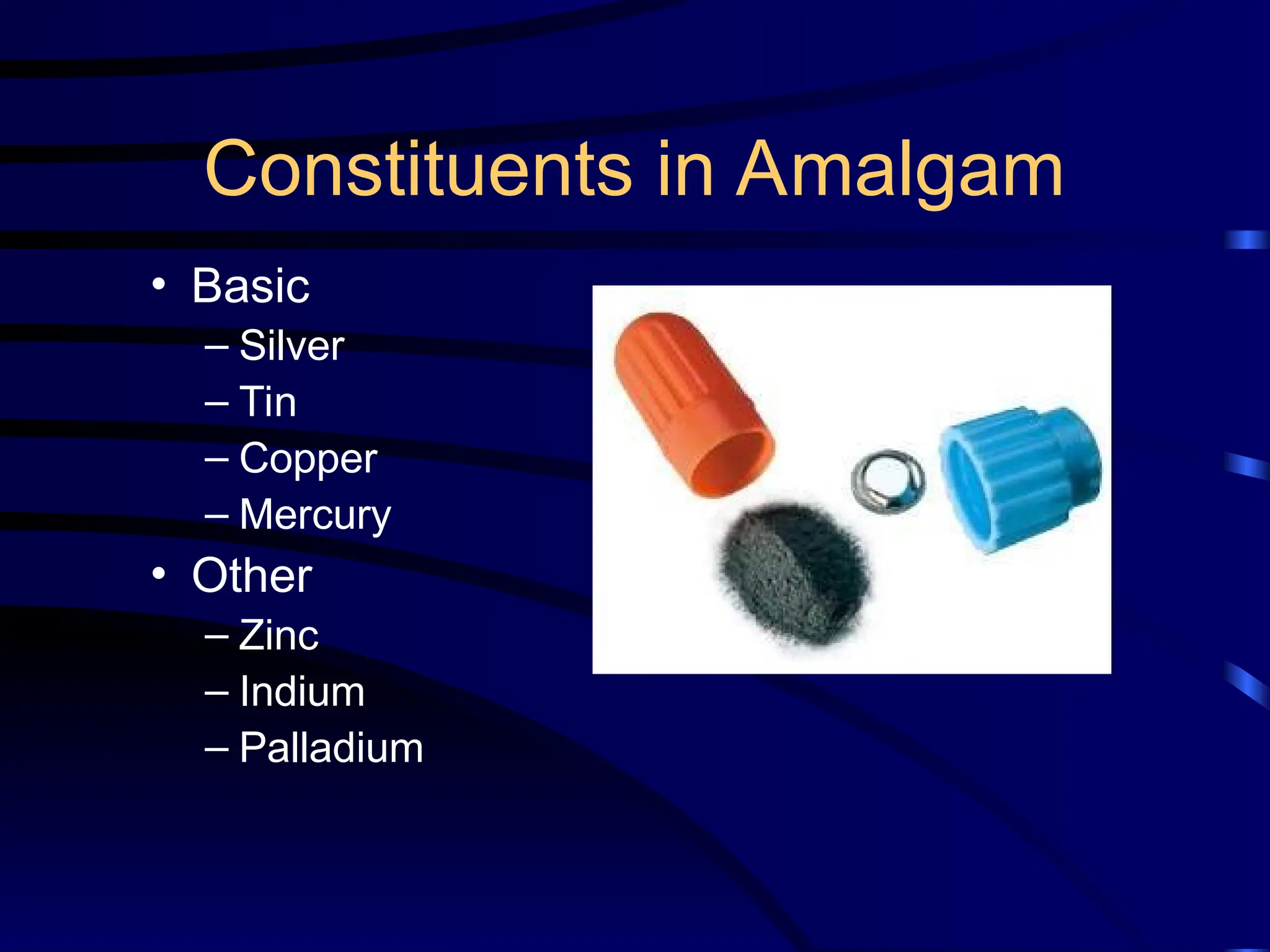 Constituents in Amalgam
• Basic
– Silver
– Tin
– Copper
– Mercury
• Other
– Zinc
– Indium
– Palladium
 