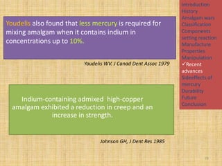 Youdelis also found that less mercury is required for
mixing amalgam when it contains indium in
concentrations up to 10%.
Youdelis WV. J Canad Dent Assoc 1979

Indium-containing admixed high-copper
amalgam exhibited a reduction in creep and an
increase in strength.

Introduction
History
Amalgam wars
Classification
Components
setting reaction
Manufacture
Properties
Manipulation
Recent
advances
Sideeffects of
mercury
Durability
Future
Conclusion

Johnson GH, J Dent Res 1985
79

 