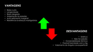 VANTAGENS
• Baixo custo
• Longevidade
• Baixo desgaste
• Adaptação às paredes
• Auto selamento marginal
• Resistência à esforços mastigatórios
DESVANTAGENS
• Estética
• Não há adesão
• Condutabilidade térmica
• Possível toxicidade com o Hg
• Valamento do ângulo cavosuperficial
 