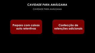 CAVIDADE PARA AMÁLGAMA
CAVIDADE PARA AMÁLGAMA
Preparo com caixas
auto retentivas
Confecção de
retenções adicionais
 