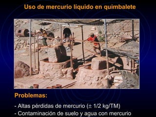 Uso de mercurio líquido en quimbalete 
Problemas: 
- Altas pérdidas de mercurio (± 1/2 kg/TM) 
- Contaminación de suelo y agua con mercurio 
 