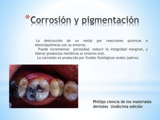 La destrucción de un metal por reacciones químicas o
electroquímicas con su entorno.
Puede incrementar porosidad, reducir la integridad marginal, y
liberar productos metálicos al entorno oral.
La corrosión es producida por fluidos fisiológicos orales (saliva).
*
Phillips ciencia de los materiales
dentales Undécima edición
 
