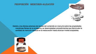 PROPORCIÓN MERCURIO-ALEACIÓN
Debido a los efectos adversos del exceso del contenido en mercurio sobre las propiedades
mecánicas físicas de la amalgama, se desempleaban procedimientos que disminuían la
cantidad de mercurio residual en la restauración hasta alcanzar niveles aceptables.
 
