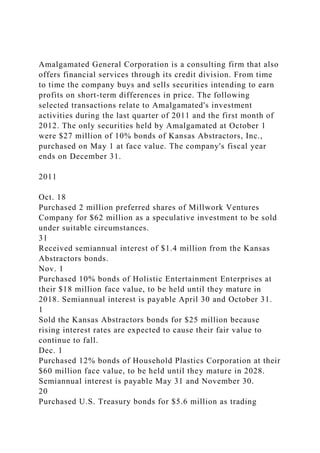 Amalgamated General Corporation is a consulting firm that also
offers financial services through its credit division. From time
to time the company buys and sells securities intending to earn
profits on short-term differences in price. The following
selected transactions relate to Amalgamated's investment
activities during the last quarter of 2011 and the first month of
2012. The only securities held by Amalgamated at October 1
were $27 million of 10% bonds of Kansas Abstractors, Inc.,
purchased on May 1 at face value. The company's fiscal year
ends on December 31.
2011
Oct. 18
Purchased 2 million preferred shares of Millwork Ventures
Company for $62 million as a speculative investment to be sold
under suitable circumstances.
31
Received semiannual interest of $1.4 million from the Kansas
Abstractors bonds.
Nov. 1
Purchased 10% bonds of Holistic Entertainment Enterprises at
their $18 million face value, to be held until they mature in
2018. Semiannual interest is payable April 30 and October 31.
1
Sold the Kansas Abstractors bonds for $25 million because
rising interest rates are expected to cause their fair value to
continue to fall.
Dec. 1
Purchased 12% bonds of Household Plastics Corporation at their
$60 million face value, to be held until they mature in 2028.
Semiannual interest is payable May 31 and November 30.
20
Purchased U.S. Treasury bonds for $5.6 million as trading
 