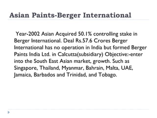 Asian Paints-Berger International  Year-2002 Asian Acquired 50.1% controlling stake in Berger International. Deal Rs.57.6 Crores Berger International has no operation in India but formed Berger Paints India Ltd. in Calcutta(subsidiary) Objective:-enter into the South East Asian market, growth. Such as Singapore, Thailand, Myanmar, Bahrain, Malta, UAE, Jamaica, Barbados and Trinidad, and Tobago. 