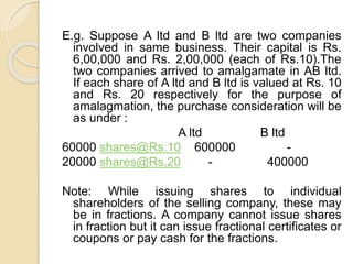 E.g. Suppose A ltd and B ltd are two companies
involved in same business. Their capital is Rs.
6,00,000 and Rs. 2,00,000 (each of Rs.10).The
two companies arrived to amalgamate in AB ltd.
If each share of A ltd and B ltd is valued at Rs. 10
and Rs. 20 respectively for the purpose of
amalagmation, the purchase consideration will be
as under :
A ltd B ltd
60000 shares@Rs.10 600000 -
20000 shares@Rs.20 - 400000
Note: While issuing shares to individual
shareholders of the selling company, these may
be in fractions. A company cannot issue shares
in fraction but it can issue fractional certificates or
coupons or pay cash for the fractions.
 