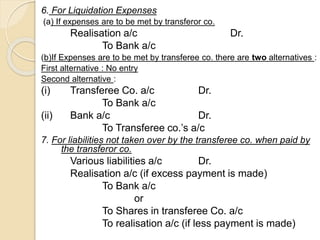 6. For Liquidation Expenses
(a) If expenses are to be met by transferor co.
Realisation a/c Dr.
To Bank a/c
(b)If Expenses are to be met by transferee co. there are two alternatives :
First alternative : No entry
Second alternative :
(i) Transferee Co. a/c Dr.
To Bank a/c
(ii) Bank a/c Dr.
To Transferee co.’s a/c
7. For liabilities not taken over by the transferee co. when paid by
the transferor co.
Various liabilities a/c Dr.
Realisation a/c (if excess payment is made)
To Bank a/c
or
To Shares in transferee Co. a/c
To realisation a/c (if less payment is made)
 