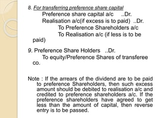 8. For transferring preference share capital
Preference share capital a/c ..Dr.
Realisation a/c(if excess is to paid) ..Dr.
To Preference Shareholders a/c
To Realisation a/c (if less is to be
paid)
9. Preference Share Holders ..Dr.
To equity/Preference Shares of transferee
co.
Note : If the arrears of the dividend are to be paid
to preference Shareholders, then such excess
amount should be debited to realisation a/c and
credited to preference shareholders a/c. If the
preference shareholders have agreed to get
less than the amount of capital, then reverse
entry is to be passed.
 
