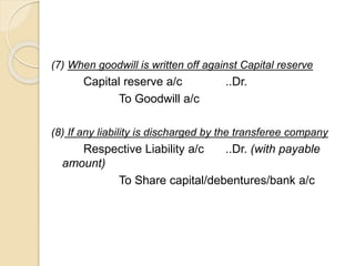 (7) When goodwill is written off against Capital reserve
Capital reserve a/c ..Dr.
To Goodwill a/c
(8) If any liability is discharged by the transferee company
Respective Liability a/c ..Dr. (with payable
amount)
To Share capital/debentures/bank a/c
 