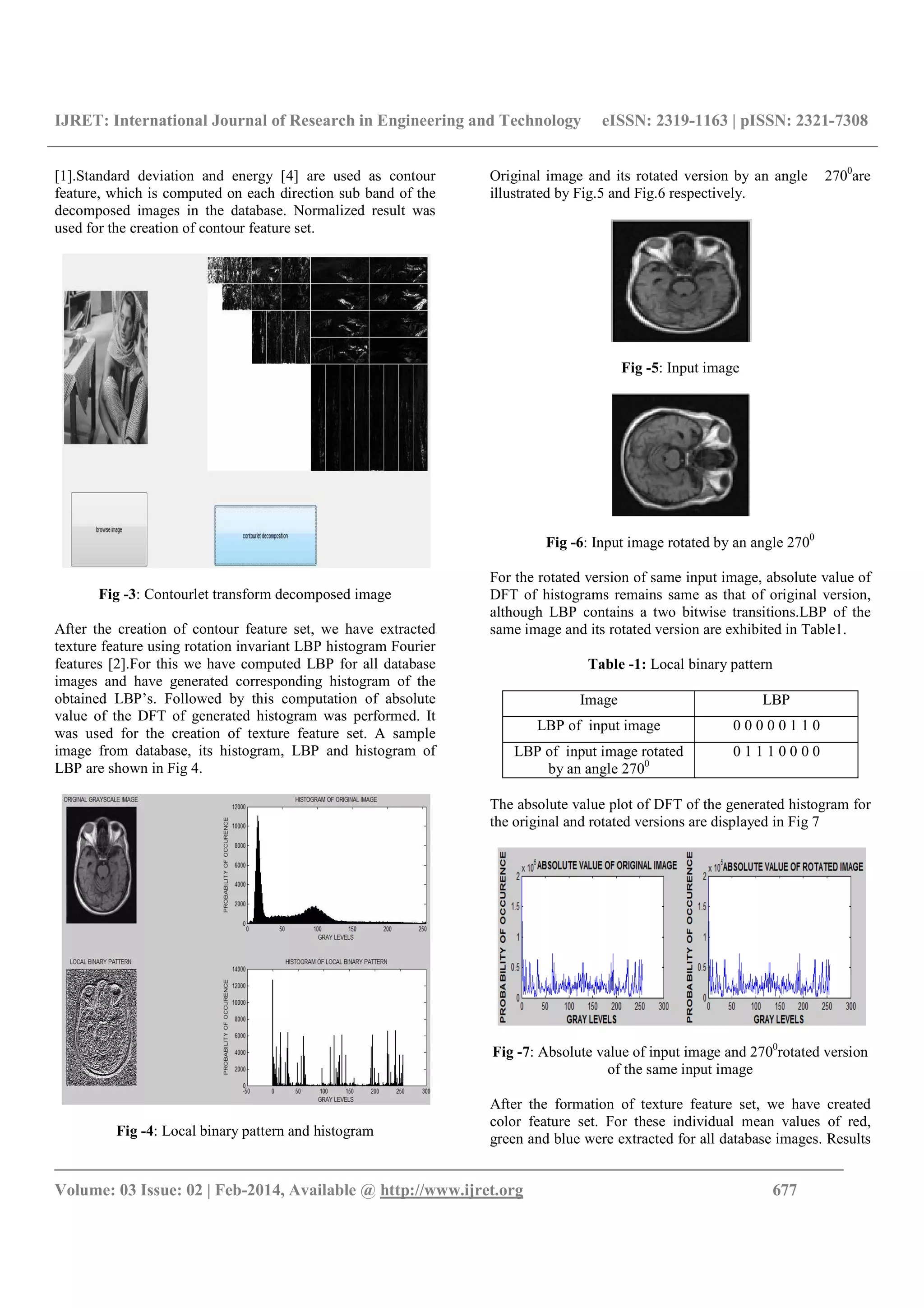 IJRET: International Journal of Research in Engineering and Technology eISSN: 2319-1163 | pISSN: 2321-7308
_______________________________________________________________________________________
Volume: 03 Issue: 02 | Feb-2014, Available @ http://www.ijret.org 677
[1].Standard deviation and energy [4] are used as contour
feature, which is computed on each direction sub band of the
decomposed images in the database. Normalized result was
used for the creation of contour feature set.
Fig -3: Contourlet transform decomposed image
After the creation of contour feature set, we have extracted
texture feature using rotation invariant LBP histogram Fourier
features [2].For this we have computed LBP for all database
images and have generated corresponding histogram of the
obtained LBP’s. Followed by this computation of absolute
value of the DFT of generated histogram was performed. It
was used for the creation of texture feature set. A sample
image from database, its histogram, LBP and histogram of
LBP are shown in Fig 4.
Fig -4: Local binary pattern and histogram
Original image and its rotated version by an angle 2700
are
illustrated by Fig.5 and Fig.6 respectively.
Fig -5: Input image
Fig -6: Input image rotated by an angle 2700
For the rotated version of same input image, absolute value of
DFT of histograms remains same as that of original version,
although LBP contains a two bitwise transitions.LBP of the
same image and its rotated version are exhibited in Table1.
Table -1: Local binary pattern
Image LBP
LBP of input image 0 0 0 0 0 1 1 0
LBP of input image rotated
by an angle 2700
0 1 1 1 0 0 0 0
The absolute value plot of DFT of the generated histogram for
the original and rotated versions are displayed in Fig 7
Fig -7: Absolute value of input image and 2700
rotated version
of the same input image
After the formation of texture feature set, we have created
color feature set. For these individual mean values of red,
green and blue were extracted for all database images. Results
 