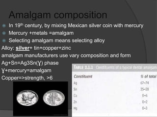 Amalgam composition
 In 19th century, by mixing Mexican silver coin with mercury
 Mercury +metals =amalgam
 Selecting amalgam means selecting alloy
Alloy: silver+ tin+copper+zinc
amalgam manufacturers use vary composition and form
Ag+Sn=Ag3Sn(Ɣ) phase
Ɣ+mercury=amalgam
Copper=>strength, >6
 