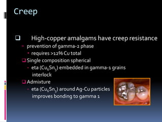 Creep
 High-copper amalgams have creep resistance
 prevention of gamma-2 phase
 requires >12% Cu total
 Single composition spherical
 eta (Cu6Sn5) embedded in gamma-1 grains
interlock
 Admixture
 eta (Cu6Sn5) aroundAg-Cu particles
improves bonding to gamma 1
 