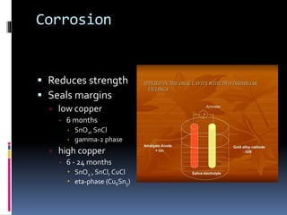 Corrosion
 Reduces strength
 Seals margins
 low copper
 6 months
 SnO2, SnCl
 gamma-2 phase
 high copper
 6 - 24 months
 SnO2 , SnCl, CuCl
 eta-phase (Cu6Sn5)
 