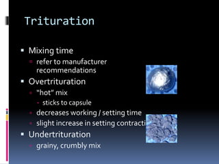 Trituration
 Mixing time
 refer to manufacturer
recommendations
 Overtrituration
 “hot” mix
 sticks to capsule
 decreases working / setting time
 slight increase in setting contraction
 Undertrituration
 grainy, crumbly mix
 
