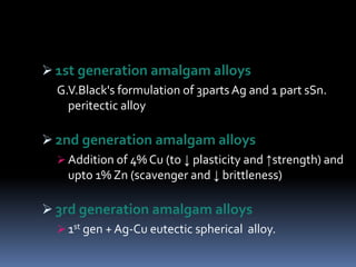  1st generation amalgam alloys
G.V.Black's formulation of 3parts Ag and 1 part sSn.
peritectic alloy
 2nd generation amalgam alloys
 Addition of 4% Cu (to ↓ plasticity and ↑strength) and
upto 1% Zn (scavenger and ↓ brittleness)
 3rd generation amalgam alloys
 1st gen + Ag-Cu eutectic spherical alloy.
 