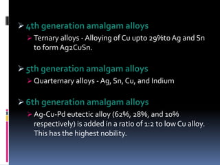  4th generation amalgam alloys
 Ternary alloys - Alloying of Cu upto 29%toAg and Sn
to form Ag2CuSn.
 5th generation amalgam alloys
 Quarternary alloys - Ag, Sn, Cu, and Indium
 6th generation amalgam alloys
 Ag-Cu-Pd eutectic alloy (62%, 28%, and 10%
respectively) is added in a ratio of 1:2 to low Cu alloy.
This has the highest nobility.
 