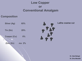 Low Copper
or
Conventional Amalgam
Composition
Silver (Ag)

65%

Tin (Sn)

Lathe coarse cut

29%

Copper (Cu)
Zinc (Zn)

6%
mx 2%

Dr. Hala Bahgat
Dr. Dina Mostafa

 