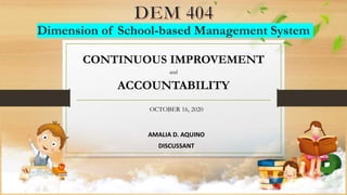 Dimension of School-based Management System
CONTINUOUS IMPROVEMENT
and
ACCOUNTABILITY
AMALIA D. AQUINO
DISCUSSANT
OCTOBER 16, 2020
 