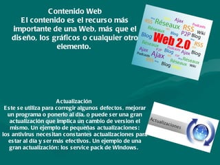 Contenido Web El contenido es el recurso más importante de una Web, más que el diseño, los gráficos o cualquier otro elemento.  Actualización  Este se utiliza para corregir algunos defectos, mejorar un programa o ponerlo al día, o puede ser una gran actualización que implica un cambio de version el mismo. Un ejemplo de pequeñas actualizaciones: los antivirus necesitan constantes actualizaciones para estar al día y ser más efectivos. Un ejemplo de una gran actualización: los service pack de Windows.   