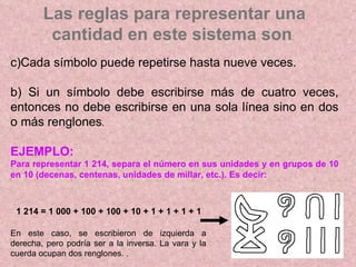 Las reglas para representar una cantidad en este sistema son :  Cada símbolo puede repetirse hasta nueve veces. b) Si un símbolo debe escribirse más de cuatro veces, entonces no debe escribirse en una sola línea sino en dos o más renglones . EJEMPLO: Para representar 1 214, separa el número en sus unidades y en grupos de 10 en 10 (decenas, centenas, unidades de millar, etc.). Es decir:  1 214 = 1 000 + 100 + 100 + 10 + 1 + 1 + 1 + 1 En este caso, se escribieron de izquierda a derecha, pero podría ser a la inversa. La vara y la cuerda ocupan dos renglones. . 