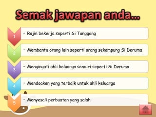 1
• Rajin bekerja seperti Si Tanggang
2
• Membantu orang lain seperti orang sekampung Si Deruma
3
• Mengingati ahli keluarga sendiri seperti Si Deruma
4
• Mendoakan yang terbaik untuk ahli keluarga
5
• Menyesali perbuatan yang salah
 