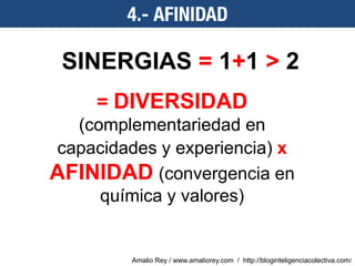 SINERGIAS = 1+1 > 2
= DIVERSIDAD
(complementariedad en
capacidades y experiencia) x
AFINIDAD (convergencia en
química y va...