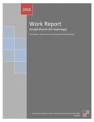 Work Report
Amaljit Bharali (RS-Hydrology)
Areaof Work : Water Resources,HydrologyandFloodModelling
2016
North Eastern Regional Node for Disaster Risk Reduction(NER-DRR)
9/9/2016
 