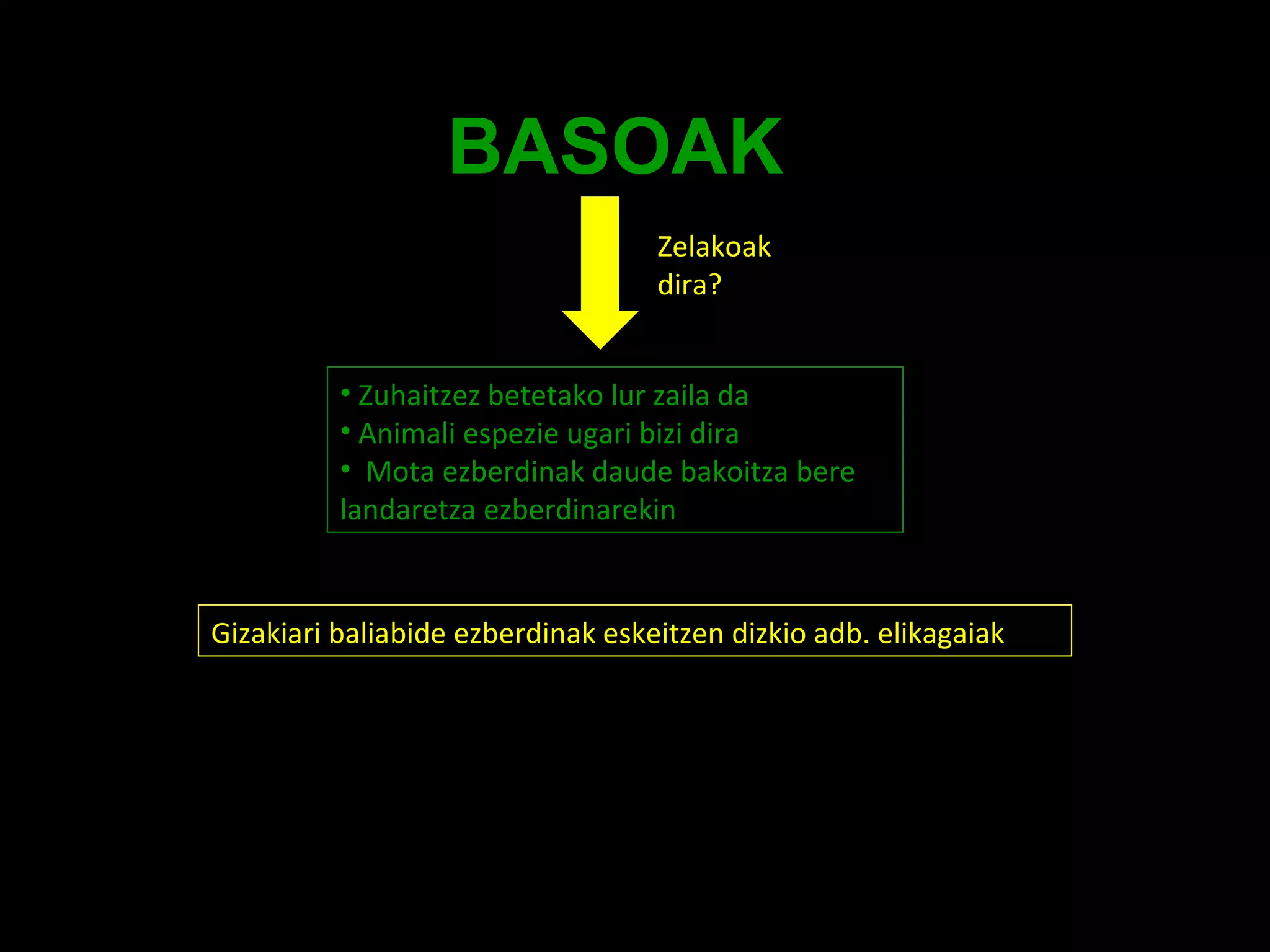 BASOAK Zuhaitzez betetako lur zaila da Animali espezie ugari bizi dira Mota ezberdinak daude bakoitza bere landaretza ezberdinarekin Gizakiari baliabide ezberdinak eskeitzen dizkio adb. elikagaiak Zelakoak dira? 