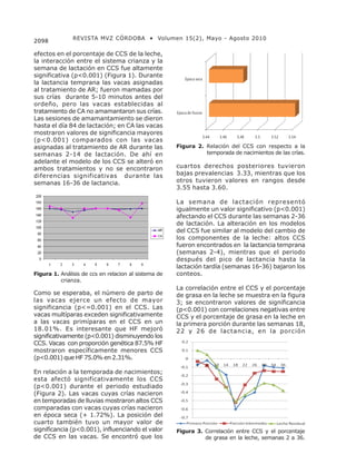 REVISTA MVZ CÓRDOBA • Volumen 15(2), Mayo - Agosto 2010
2098

efectos en el porcentaje de CCS de la leche,
la interacción entre el sistema crianza y la
semana de lactación en CCS fue altamente
significativa (p<0.001) (Figura 1). Durante
la lactancia temprana las vacas asignadas
al tratamiento de AR; fueron mamadas por
sus crías durante 5-10 minutos antes del
ordeño, pero las vacas establecidas al
tratamiento de CA no amamantaron sus crías.
Las sesiones de amamantamiento se dieron
hasta el día 84 de lactación; en CA las vacas
mostraron valores de significancia mayores
(p<0.001) comparados con las vacas
asignadas al tratamiento de AR durante las            Figura 2. Relación del CCS con respecto a la
semanas 2-14 de lactación. De ahí en                            temporada de nacimientos de las crías.
adelante el modelo de los CCS se alteró en
ambos tratamientos y no se encontraron                cuartos derechos posteriores tuvieron
diferencias significativas durante las                bajas prevalencias 3.33, mientras que los
semanas 16-36 de lactancia.                           otros tuvieron valores en rangos desde
                                                      3.55 hasta 3.60.

                                                      La semana de lactación representó
                                                      igualmente un valor significativo (p<0.001)
                                                      afectando el CCS durante las semanas 2-36
                                                      de lactación. La alteración en los modelos
                                                      del CCS fue similar al modelo del cambio de
                                                      los componentes de la leche: altos CCS
                                                      fueron encontrados en la lactancia temprana
                                                      (semanas 2-4), mientras que el periodo
                                                      después del pico de lactancia hasta la
                                                      lactación tardía (semanas 16-36) bajaron los
Figura 1. Análisis de ccs en relacion al sistema de   conteos.
          crianza.
                                                      La correlación entre el CCS y el porcentaje
Como se esperaba, el número de parto de               de grasa en la leche se muestra en la figura
las vacas ejerce un efecto de mayor                   3; se encontraron valores de significancia
significancia (p<=0.001) en el CCS. Las               (p<0.001) con correlaciones negativas entre
vacas multíparas exceden significativamente           CCS y el porcentaje de grasa en la leche en
a las vacas primíparas en el CCS en un                la primera porción durante las semanas 18,
18.01%. Es interesante que HF mejoró                  22 y 26 de lactancia, en la porción
significativamente (p<0.001) disminuyendo los
CCS. Vacas con proporción genética 87.5% HF
mostraron específicamente menores CCS
(p<0.001) que HF 75.0% en 2.31%.

En relación a la temporada de nacimientos;
esta afectó significativamente los CCS
(p<0.001) durante el periodo estudiado
(Figura 2). Las vacas cuyas crías nacieron
en temporadas de lluvias mostraron altos CCS
comparadas con vacas cuyas crías nacieron
en época seca (+ 1.72%). La posición del
cuarto también tuvo un mayor valor de
significancia (p<0.001), influenciando el valor       Figura 3. Correlación entre CCS y el porcentaje
de CCS en las vacas. Se encontró que los                        de grasa en la leche, semanas 2 a 36.
 
