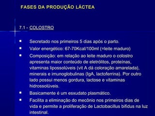 FASES DA PRODUÇÃO LÁCTEAFASES DA PRODUÇÃO LÁCTEA
7.1 -7.1 - COLOSTROCOLOSTRO
 Secretado nos primeiros 5 dias após o parto.Secretado nos primeiros 5 dias após o parto.
 Valor energético: 67-70Kcal/100ml (=leite maduro)Valor energético: 67-70Kcal/100ml (=leite maduro)
 Composição: em relação ao leite maduro o colostroComposição: em relação ao leite maduro o colostro
apresenta maior conteúdo de eletrólitos, proteínas,apresenta maior conteúdo de eletrólitos, proteínas,
vitaminas lipossolúveis (vit A dá coloração amarelada),vitaminas lipossolúveis (vit A dá coloração amarelada),
minerais e imunoglobulinas (IgA, lactoferrina). Por outrominerais e imunoglobulinas (IgA, lactoferrina). Por outro
lado possui menos gordura, lactose e vitaminaslado possui menos gordura, lactose e vitaminas
hidrossolúveis.hidrossolúveis.
 Basicamente é um esxudato plasmático.Basicamente é um esxudato plasmático.
 Facilita a eliminação do mecônio nos primeiros dias deFacilita a eliminação do mecônio nos primeiros dias de
vida e permite a proliferação de Lactobacillus bifidus na luzvida e permite a proliferação de Lactobacillus bifidus na luz
intestinal.intestinal.
 