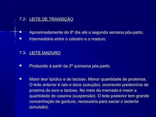 7.2-7.2- LEITE DE TRANSIÇÃOLEITE DE TRANSIÇÃO
 Aproximadamente do 6º dia até a segunda semana pós-parto.Aproximadamente do 6º dia até a segunda semana pós-parto.
 Intermediário entre o colostro e o maduro.Intermediário entre o colostro e o maduro.
7.3-7.3- LEITE MADUROLEITE MADURO
 Produzido á partir da 2ª quinzena pós-parto.Produzido á partir da 2ª quinzena pós-parto.
 Maior teor lipídico e de lactose. Menor quantidade de proteínas.Maior teor lipídico e de lactose. Menor quantidade de proteínas.
O leite anterior é ralo e doce (solução), ocorrendo predomínio deO leite anterior é ralo e doce (solução), ocorrendo predomínio de
proteína do soro e lactose. No meio da mamada é maior aproteína do soro e lactose. No meio da mamada é maior a
quantidade de caseína (suspensão). O leite posterior tem grandequantidade de caseína (suspensão). O leite posterior tem grande
concentração de gordura, necessária para saciar o lactenteconcentração de gordura, necessária para saciar o lactente
(emulsão).(emulsão).
 