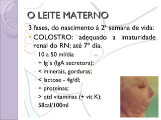 O LEITE MATERNO 3 fases, do nascimento à 2ª semana de vida: COLOSTRO: adequado a imaturidade renal do RN; até 7º dia. 10 a 50 ml/dia + Ig´s (IgA secretora); < minerais, gorduras; < lactose - 4g/dl; + proteínas;  > qtd vitaminas (+ vit K); 58cal/100ml 