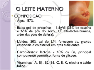 O LEITE MATERNO COMPOSIÇÃO: Água:  87%. Baixa qtd de proteínas – 1,5g/dl (35% de caseína e 65% de ptn do soro, ++ alfa-lactoalbumina, além das ptns de defesa);  Lípides: 50% cal do LM, fornecem ac. graxos essenciais e colesterol em qtds suficientes. Carboidratos: lactose - 40% da En, principal componente osmótico, fonte de glicose. Vitaminas:  A, B1, B2, B6, C, E, K, niacina e ácido fólico. 
