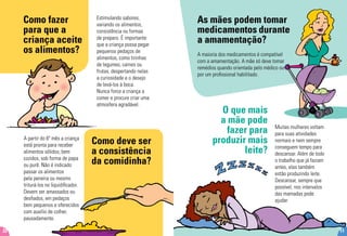 As mães podem tomar
medicamentos durante
a amamentação?
A maioria dos medicamentos é compatível
com a amamentação. A mãe só deve tomar
remédios quando orientada pelo médico ou
por um profissional habilitado.
O que mais
a mãe pode
fazer para
produzir mais
leite?
Muitas mulheres voltam
para suas atividades
normais e nem sempre
conseguem tempo para
descansar. Além de todo
o trabalho que já faziam
antes, elas também
estão produzindo leite.
Descansar, sempre que
possível, nos intervalos
das mamadas pode
ajudar.
11
Como fazer
para que a
criança aceite
os alimentos?
Estimulando sabores,
variando os alimentos,
consistência ou formas
de preparo. É importante
que a criança possa pegar
pequenos pedaços de
alimentos, como tirinhas
de legumes, carnes ou
frutas, despertando nelas
a curiosidade e o desejo
de levá-los à boca.
Nunca force a criança a
comer e procure criar uma
atmosfera agradável.
Como deve ser
a consistência
da comidinha?
A partir do 6º mês a criança
está pronta para receber
alimentos sólidos, bem
cozidos, sob forma de papa
ou purê. Não é indicado
passar os alimentos
pela peneira ou mesmo
triturá-los no liquidificador.
Devem ser amassados ou
desfiados, em pedaços
bem pequenos e oferecidos
com auxílio de colher,
pausadamente.
22
 