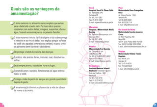 Ceará
Hospital Geral Dr. César Calls
Av. Imperador, 545
Fortaleza-CE
Tel: 85-3101-5367
Fax: 85-3101-5337
E-mail: rejanes@saude.ce.gov.br
Maranhão
Hospital e Maternidade Marly
Sarney
Av. Jerônimo Albuquerque, s/n
São Luís-MA
Tel: 98-3311-3032
E-mail: irerocos@ig.com.br
Paraíba
Maternidade Frei Damião
Av. Centenário, s/n
João Pessoa-PB
Tel: 83-3215-6020/3215-6047
Fax: 83-3215-6002
E-mail: blhanc@yahoo.com.br
Pernambuco
Instituto Materno Infantil
Professor Fernando Figueira
Rua dos Coelhos , 300
Recife-PE
Tel: 81-2122-4719
Fax: 81-2122-4722
E-mail: bancodeleite@imip.org.br
Piauí
Maternidade Dona Evangelina
Rosa
Av. Higino Cunha, 1.552
Teresina-PI
Tel: 86-3228-2022
Fax: 86-3228-1714
E-mail: blhpi@hotmail.com
Rio Grande do Norte
Maternidade Escola Januário
Cicco
Av. Nilo Peçanha, 259
Natal-RN
Tel: 84-3215-4308/ 0800-842400
Fax: 84-3215-4386/ 3202-3398
E-mail: administ@maternidade.ufrn.br
Sergipe
Maternidade Hildete Falcão
Baptista
Rua Recife, s/n
Aracaju-SE
Tel: 79-3226-6335
Fax: 79-3226-6335
E-mail: blhmhfb2@ig.com.br
29
Quais são as vantagens da
amamentação?
O leite materno é o alimento mais completo que existe
para o bebê até o sexto mês. Por isso não é preciso
completar com outros leites, mingaus, suquinhos, chá ou
água, fazendo economia para o orçamento familiar;
O leite materno é muito fácil de digerir e não sobrecarrega
o intestino e os rins do bebê. Isso explica porque as fezes
do bebê são aguadas (amarelas ou verdes), e que a urina
se apresente bem clarinha e abundante;
Ele protege o bebê da maioria das doenças;
É prático, não precisa ferver, misturar, coar, dissolver ou
esfriar;
Está sempre pronto, a qualquer hora ou lugar;
Transmite amor e carinho, fortalecendo os laços entre a
mãe e o bebê;
Protege a mãe da perda de sangue em grande quantidade
depois do parto;
A amamentação diminui as chances de a mãe ter câncer
de mama e de ovário;
4
 
