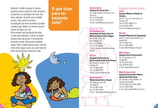 Espírito Santo
Hospital Dr. Dório Silva
Av. Eudes Scherrer de Souza, s/n-
Serra-ES
Tel: 27-3138-8905
Fax: 27-3138-8172
E-mail: hds.blh@saude.es.gov.br
Região Sul
Rio Grande do Sul
Irmandade da Santa Casa de
Misericórdia de Porto Alegre
Rua Annes Dias, 285
Porto Alegre-RS
Tel: 51-32148284
Fax: 51-3214-8585
E-mail: daniela.ribeiro@santacasa.
tche.br
Paraná
Hospital de Clínicas da
Universidade Federal do Paraná
Rua General Carneiro, 181
Curitiba-PR
Tel: 41-3360-1867
Fax: 41-3264-5872
E-mail: grazziot@gmail.com
Santa Catarina
Maternidade Darcy Vargas
Rua Miguel Couto, 44
Joinville-SC
Tel: 47-3461-5704
Fax: 47-3461-5819
E-mail : bancodeleite@yahoo.com.br
Região Centro-Oeste
Goiás
Hospital Materno Infantil de
Goiânia
Rua R -7 esq. Av. Perimetral, s/n
Goiânia-GO
Tel: 62-3291-4900 R.211
Fax: 62-3291-9265
E-mail: hmi@saude.go.gov.br
Brasília
Hospital Regional de Taguatinga
Setor C, Área Especial Norte, 24
Brasília-DF
Tel: 61-3353-1017
Fax: 61-3352-6900
E-mail: blhhrt@saude.df.gov.br
Mato Grosso
Hospital Geral Universitário
Rua 13 de Junho, 2101
Cuiabá-MT
Tel: 65-3616-7035
Fax: 65-3616-7037
E-mail: blhgu@terra.com.br
Mato Grosso do Sul
Hospital Universitário Maria
Aparecida Pedrossian
Av. Senador Felinto Muller, s/n
Campo Grande-MS
Tel: 67-3345-3027/3345-3028
Fax: 67-3345-3049
E-mail: bancodeleite@nhu.ufms.br
27
O que fazer
para ter
bastante
leite?
Quando o bebê começa a mamar,
quando nasce, ainda na sala de parto,
a descida e a produção do leite são
mais rápidas. Quanto mais o bebê
mama, mais leite se produz.
A produção do leite acontece quando
o bebê suga. Beba no mínimo quatro
copos de água por dia.
Para manter boa produção de leite,
a mãe deve oferecer o peito ao bebê
sempre que ele quiser e amamentar
durante a noite. Descansar também
ajuda. Para o bebê mamar mais, não dê
a ele chás, água, sucos ou outro tipo de
leite nos primeiros meses de vida.
6
 