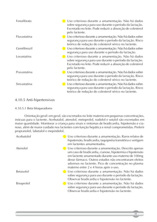 Fenofibrato                       Uso criterioso durante a amamentação. Não há dados
                                    sobre segurança para uso durante o período da lactação.
                                    Excretado no leite. Pode reduzir a absorção de colesterol
                                    pelo lactente.
Fluvastatina                       criterioso durante a amamentação. Não há dados sobre
                                    Uso
                                    segurança para uso durante o período da lactação. Risco
                                    teórico de redução do colesterol sérico no lactente.
Gemfibrozil                        criterioso durante a amamentação. Não há dados sobre
                                    Uso
                                    segurança para uso durante o período da lactação.
Lovastatina                       Uso criterioso durante a amamentação. Não há dados
                                    sobre segurança para uso durante o período da lactação.
                                    Excretado no leite. Pode reduzir a absorção de colesterol
                                    pelo lactente.
Pravastatina                       criterioso durante a amamentação. Não há dados sobre
                                    Uso
                                    segurança para uso durante o período da lactação. Risco
                                    teórico de redução do colesterol sérico no lactente.
Sinvastatina                       criterioso durante a amamentação. Não há dados sobre
                                    Uso
                                    segurança para uso durante o período da lactação. Risco
                                    teórico de redução do colesterol sérico no lactente.

4.10.5 Anti-hipertensivos

4.10.5.1 Beta bloqueadores

       Orientação geral: em geral, são excretados no leite materno em pequenas concentrações,
inócuas para o lactente. Acebutalol, atenolol, metoprolol, nadolol e sotalol são excretados em
maior quantidade. Monitorar a criança para sinais e sintomas de bradicardia, hipotensão e cia-
nose, além de maior cuidado nos lactentes com função hepática e renal comprometidas. Preferir
propranolol, labetalol e mepindolol.
Acebutolol                         criterioso durante a amamentação. Raros relatos de
                                    Uso
                                    hipotensão, bradicardia, taquipnéia transitória e vertigem
                                    em lactentes amamentados.
Atenolol                           criterioso durante a amamentação. Descrito apenas
                                    Uso
                                    um caso de bradicardia, cianose, hipotermia e hipotensão
                                    em lactente amamentado durante uso materno de 100mg
                                    desse fármaco. Outros estudos não encontraram efeitos
                                    adversos no lactente. Pico de concentração no plasma
                                    materno entre 2 e 4 horas após o uso.
Betaxolol                         Uso criterioso durante a amamentação. Não há dados
                                    sobre segurança para uso durante o período da lactação.
                                    Observar bradicardia e hipotensão no lactente.
Bisoprolol                        Uso criterioso durante a amamentação. Não há dados
                                    sobre segurança para uso durante o período da lactação.
                                    Observar bradicardia e hipotensão no lactente.




                                                                                       53
 