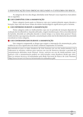 2 IDENTIFICAÇÃO DAS DROGAS SEGUNDO A CATEGORIA DE RISCO
       As categorias de risco das drogas abordadas neste Manual e seus respectivos marcadores
são os seguintes:
USO COMPATÍVEL COM A AMAMENTAÇÃO
       Desta categoria fazem parte os fármacos cujo uso é potencialmente seguro durante a
lactação, haja vista não haver relatos de efeitos farmacológicos significativos para o lactente.
USO CRITERIOSO DURANTE A AMAMENTAÇÃO
       Nesta categoria estão os medicamentos cujo uso no período da lactação depende da
avaliação do risco/benefício. Quando utilizados, exigem monitorização clínica e/ou laboratorial
do lactente, devendo ser utilizados durante o menor tempo e na menor dose possível. Novos
medicamentos cuja segurança durante a amamentação ainda não foi devidamente documentada
encontram-se nesta categoria.
USO CONTRAINDICADO DURANTE A AMAMENTAÇÃO
      Esta categoria compreende as drogas que exigem a interrupção da amamentação, pelas
evidências ou risco significativo de efeitos colaterais importantes no lactente.
Recomenda-se para as mães doadoras de leite humano em uso de medicamentos con-
siderarem os mesmos critérios para nutrizes em uso de fármacos durante o período de
amamentação definidos neste Manual. Assim, nutrizes em uso de medicamentos com-
patíveis com a amamentação podem ser selecionadas como doadoras desde que aten-
dam às normas técnicas recomendadas pela Rede Nacional de Banco de Leite Humano
(http://www.bvsam.icict.fiocruz.br/normastecnicas/doadoras.pdf).




                                                                                         9
 
