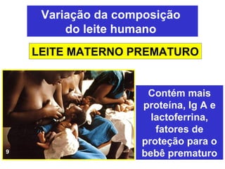 Variação da composição
         do leite humano
    LEITE MATERNO PREMATURO


                     Contém mais
                    proteína, Ig A e
                      lactoferrina,
                       fatores de
                    proteção para o
9
                    bebê prematuro
 