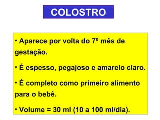 COLOSTRO

• Aparece por volta do 7º mês de
gestação.

• É espesso, pegajoso e amarelo claro.

• É completo como primeiro alimento
para o bebê.

• Volume = 30 ml (10 a 100 ml/dia).
 