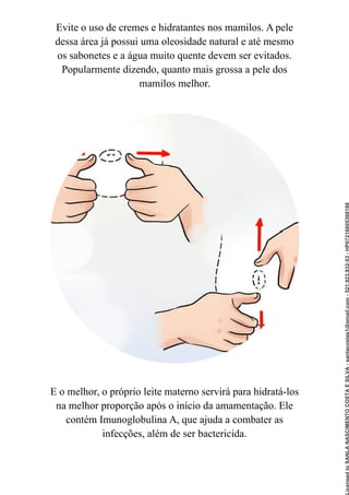 Evite o uso de cremes e hidratantes nos mamilos. A pele
dessa área já possui uma oleosidade natural e até mesmo
os sabonetes e a água muito quente devem ser evitados.
Popularmente dizendo, quanto mais grossa a pele dos
mamilos melhor.
E o melhor, o próprio leite materno servirá para hidratá-los
na melhor proporção após o início da amamentação. Ele
contém Imunoglobulina A, que ajuda a combater as
infecções, além de ser bactericida.
Licensed
to
SANLA
NASCIMENTO
COSTA
E
SILVA
-
sanlacostas1@gmail.com
-
521.923.932-53
-
HP07216005368188
 